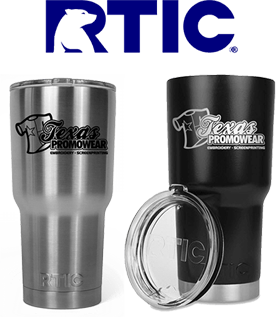 RTIC logo with Texas Promowear labeled insulated cups